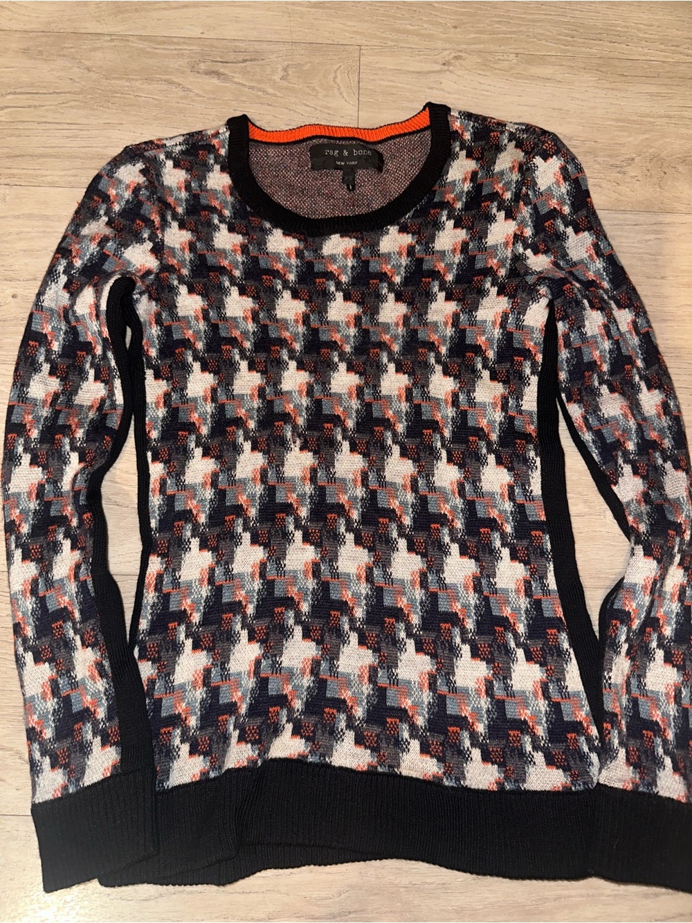 rag & bone Navy, White & Orange Houndstooth Crewneck Sweater